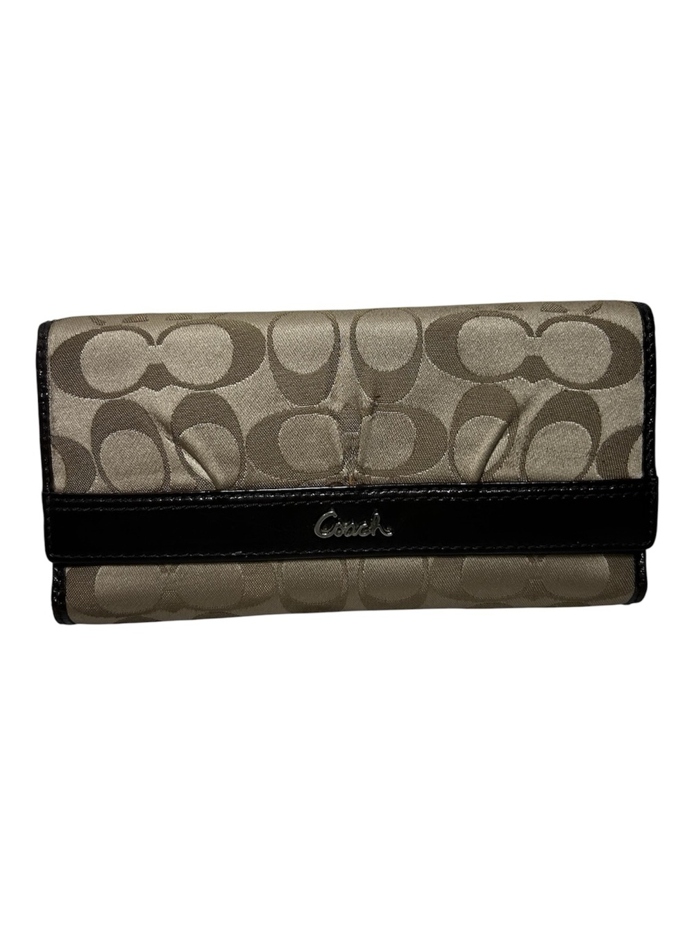 Coach Signature‎ C Monogram Khaki Brown Leather Trim Trifold Wallet